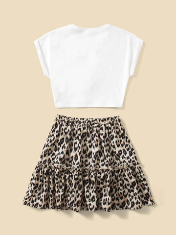 Girls Heart Print Tee & Leopard Ruffle Hem Skirt Set