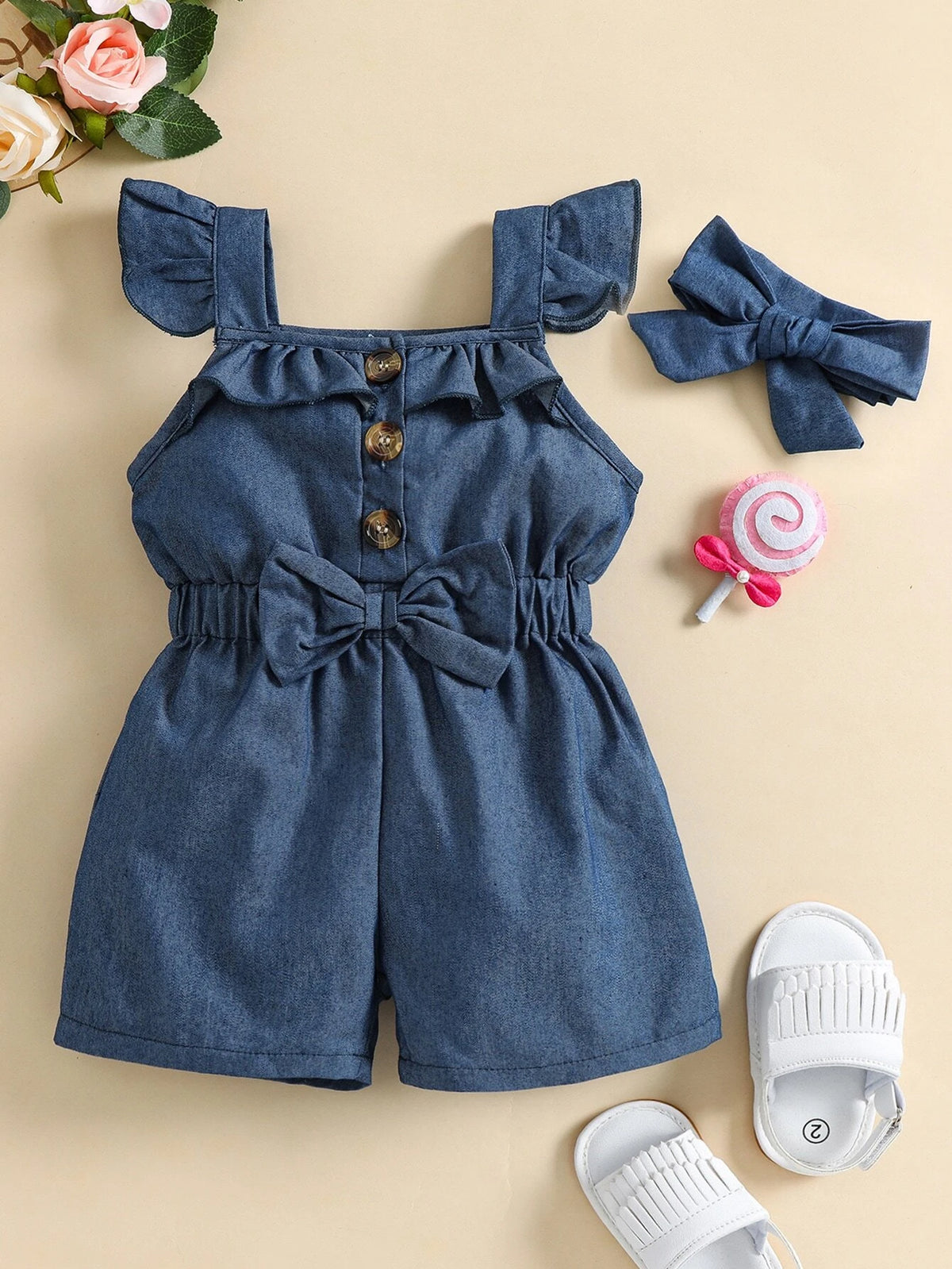 Baby Ruffle Trim Bow Front Romper With Headband
