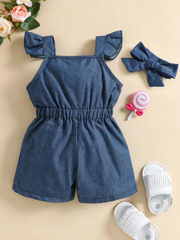 Baby Ruffle Trim Bow Front Romper With Headband