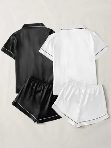 Satin Contrast Binding 2 Pcs Blouse & 2 Pcs Shorts
