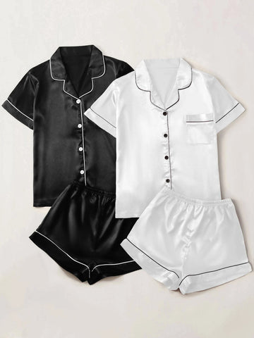 Satin Contrast Binding 2 Pcs Blouse & 2 Pcs Shorts