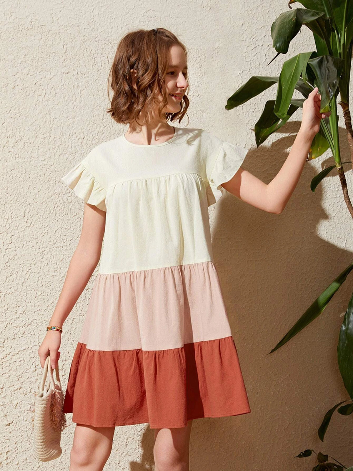 Teen Girls Color Block Flounce Hem Smock Dress