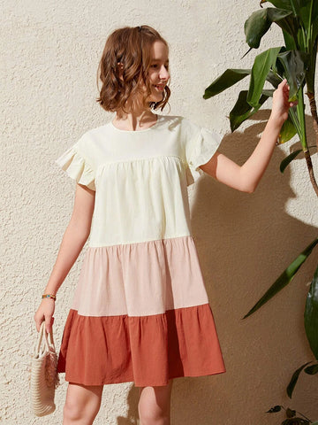 Teen Girls Color Block Flounce Hem Smock Dress