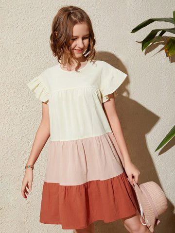 Teen Girls Color Block Flounce Hem Smock Dress
