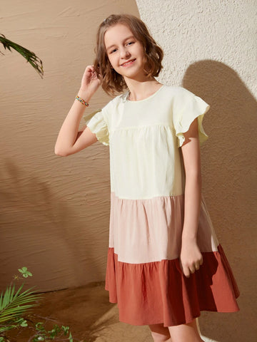 Teen Girls Color Block Flounce Hem Smock Dress