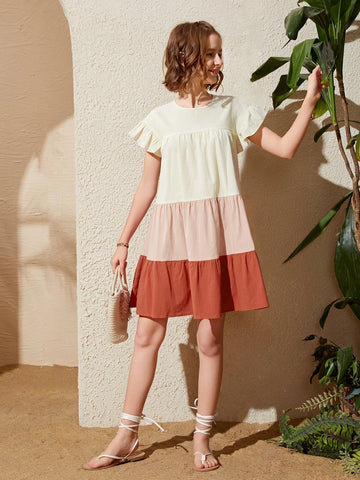 Teen Girls Color Block Flounce Hem Smock Dress