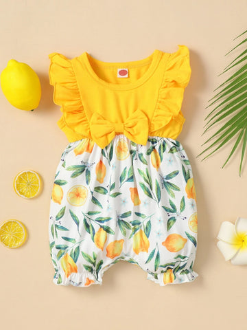 Baby Lemon Print Ruffle Trim Bow Front Romper