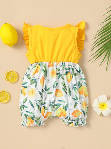 Baby Lemon Print Ruffle Trim Bow Front Romper