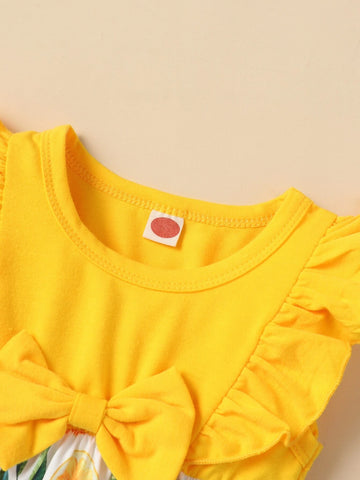 Baby Lemon Print Ruffle Trim Bow Front Romper