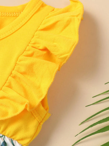 Baby Lemon Print Ruffle Trim Bow Front Romper