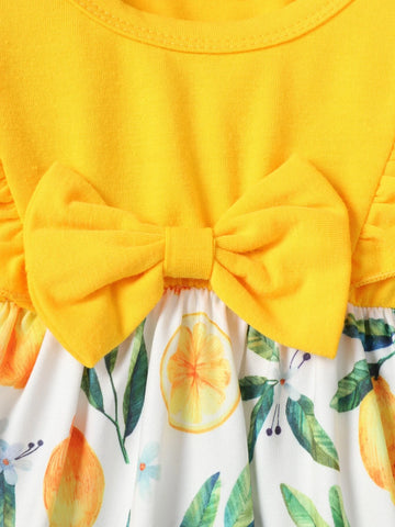 Baby Lemon Print Ruffle Trim Bow Front Romper