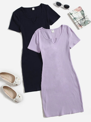 Teen Girls 2pcs Notched Neck Ribbed Knit Dress