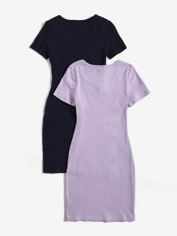 Teen Girls 2pcs Notched Neck Ribbed Knit Dress