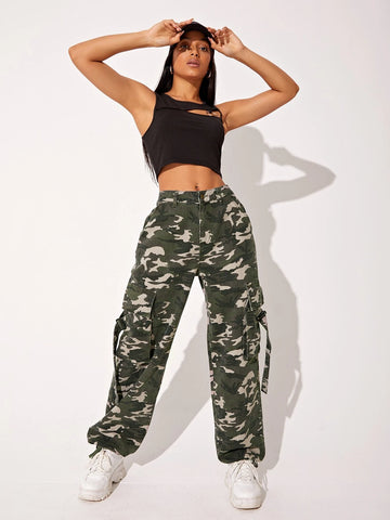Camo Print Flap Pocket Buckle Detail Cargo Jeans