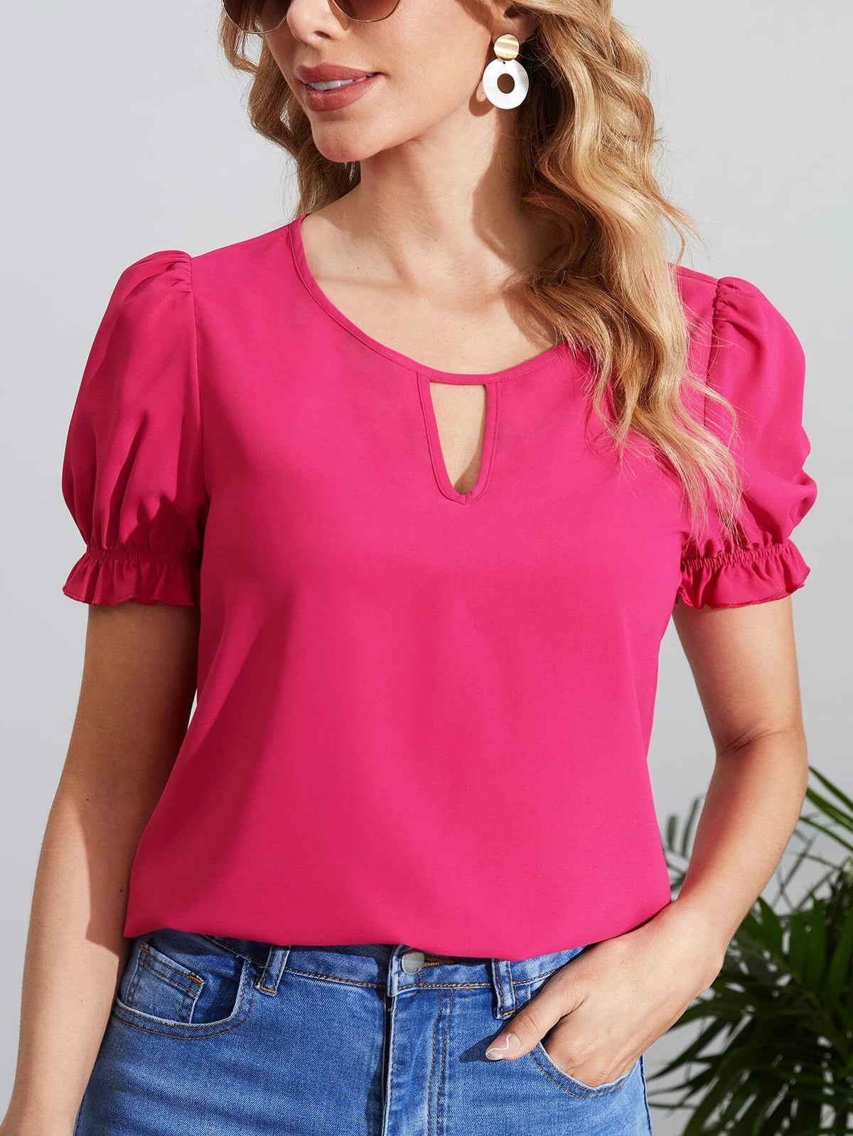 EMERY ROSE Keyhole Neck Puff Sleeve Blouse