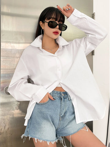 DAZY Solid Drop Shoulder Button Up Oversized Shirt