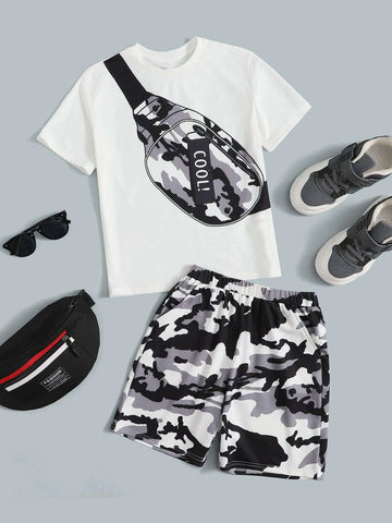 Boys Letter & Bag Print Tee and Camo Shorts Set