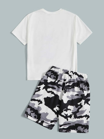 Boys Letter & Bag Print Tee and Camo Shorts Set