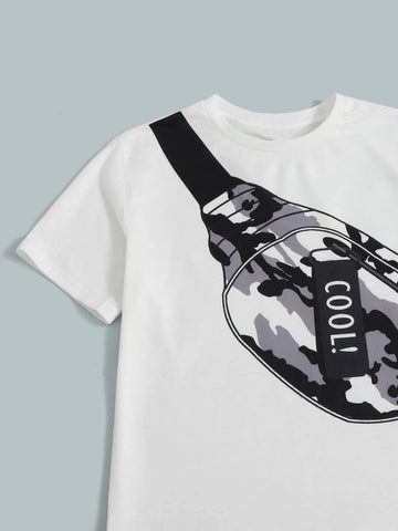 Boys Letter & Bag Print Tee and Camo Shorts Set