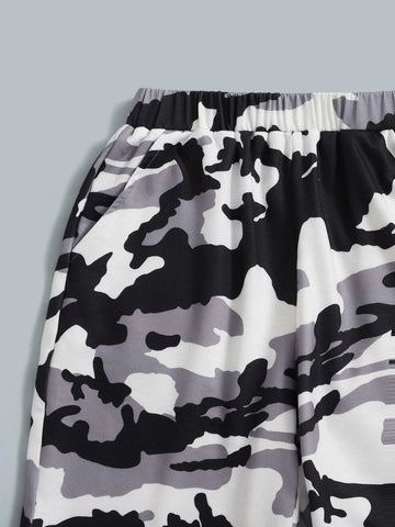 Boys Letter & Bag Print Tee and Camo Shorts Set
