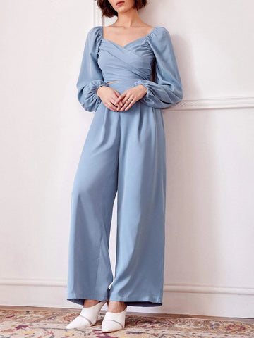 Lantern Sleeve Shirred Back Crop Top & Pants Set