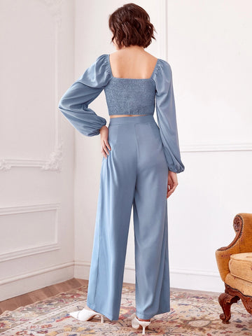 Lantern Sleeve Shirred Back Crop Top & Pants Set