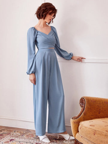 Lantern Sleeve Shirred Back Crop Top & Pants Set