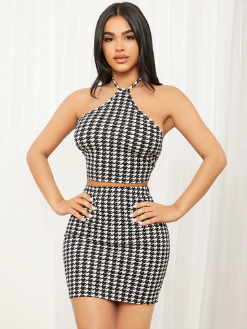 SXY Houndstooth Print Backless Halter Top & Bodycon Skirt