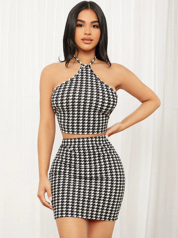 SXY Houndstooth Print Backless Halter Top & Bodycon Skirt