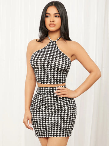 SXY Houndstooth Print Backless Halter Top & Bodycon Skirt