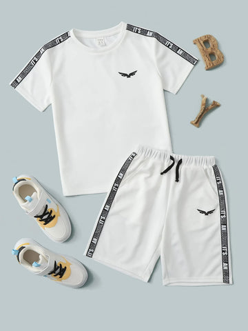 Boys Slogan Tape Tee & Drawstring Waist Shorts