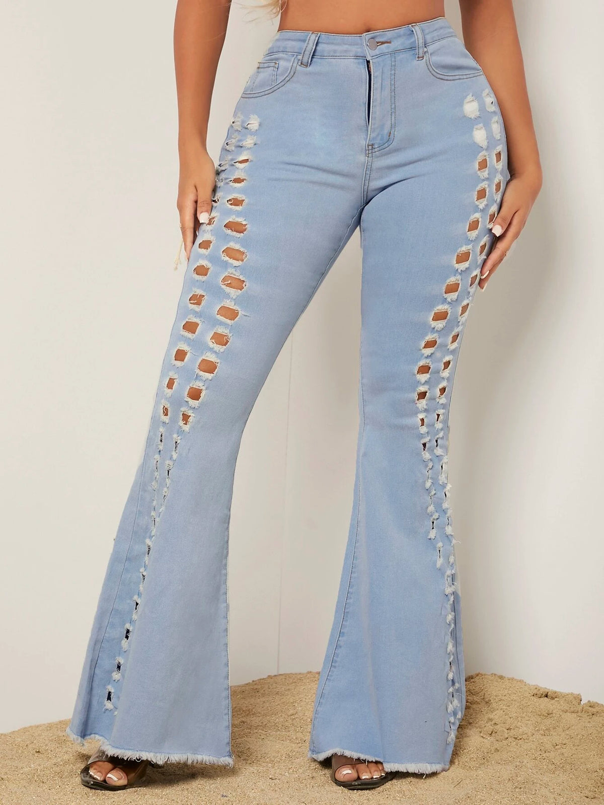 Ripped Cut Out Front Raw Hem Flare Leg Jeans