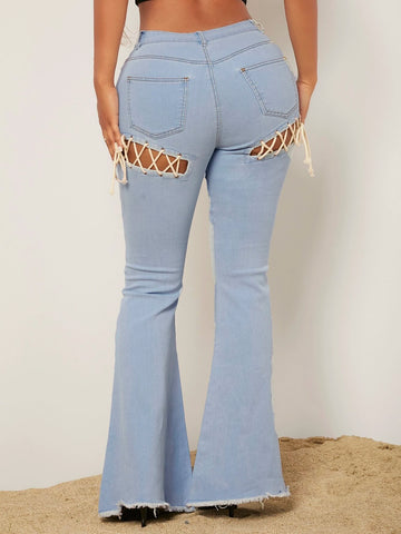 Ripped Cut Out Front Raw Hem Flare Leg Jeans
