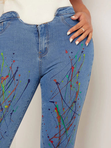 Graphic Print Asymmetrical Waist Split Hem Skinny Jeans