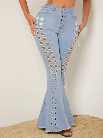 Ripped Cut Out Front Raw Hem Flare Leg Jeans