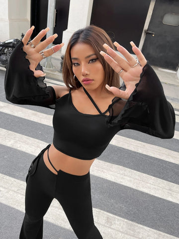 Asymmetric Neck Flounce Sleeve Crop Tee