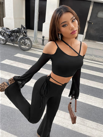 Asymmetric Neck Flounce Sleeve Crop Tee