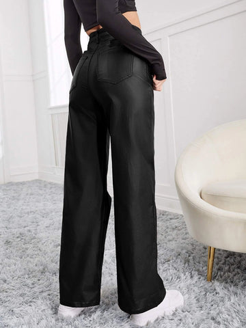 Leather Look High Waisted Straight Leg Jeans