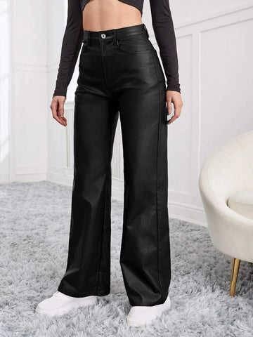 Leather Look High Waisted Straight Leg Jeans