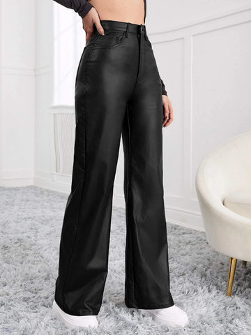 Leather Look High Waisted Straight Leg Jeans