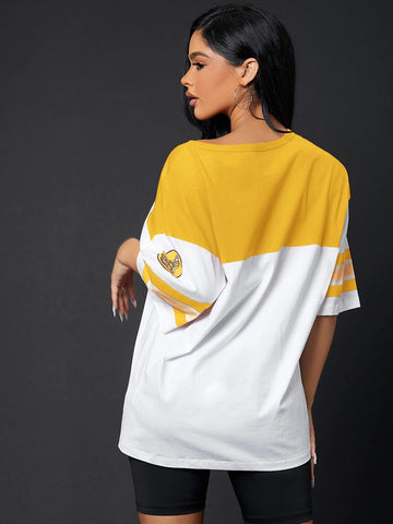 Colorblock & Letter Graphic Drop Shoulder Longline Tee