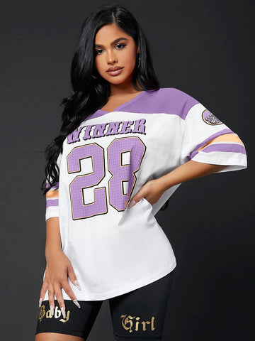 Colorblock & Letter Graphic Drop Shoulder Longline Tee