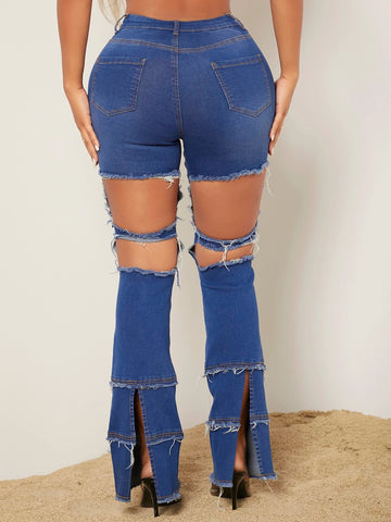 Cutout Ladder Ripped Boot Cut Jeans