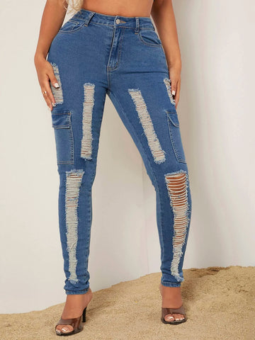 High Waist Ripped Frayed Flap Pocket Side Skinny Jeans