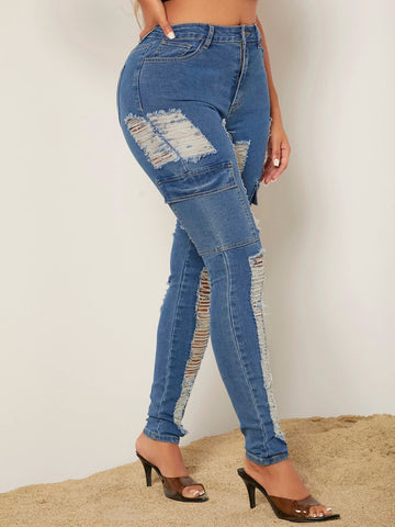 High Waist Ripped Frayed Flap Pocket Side Skinny Jeans