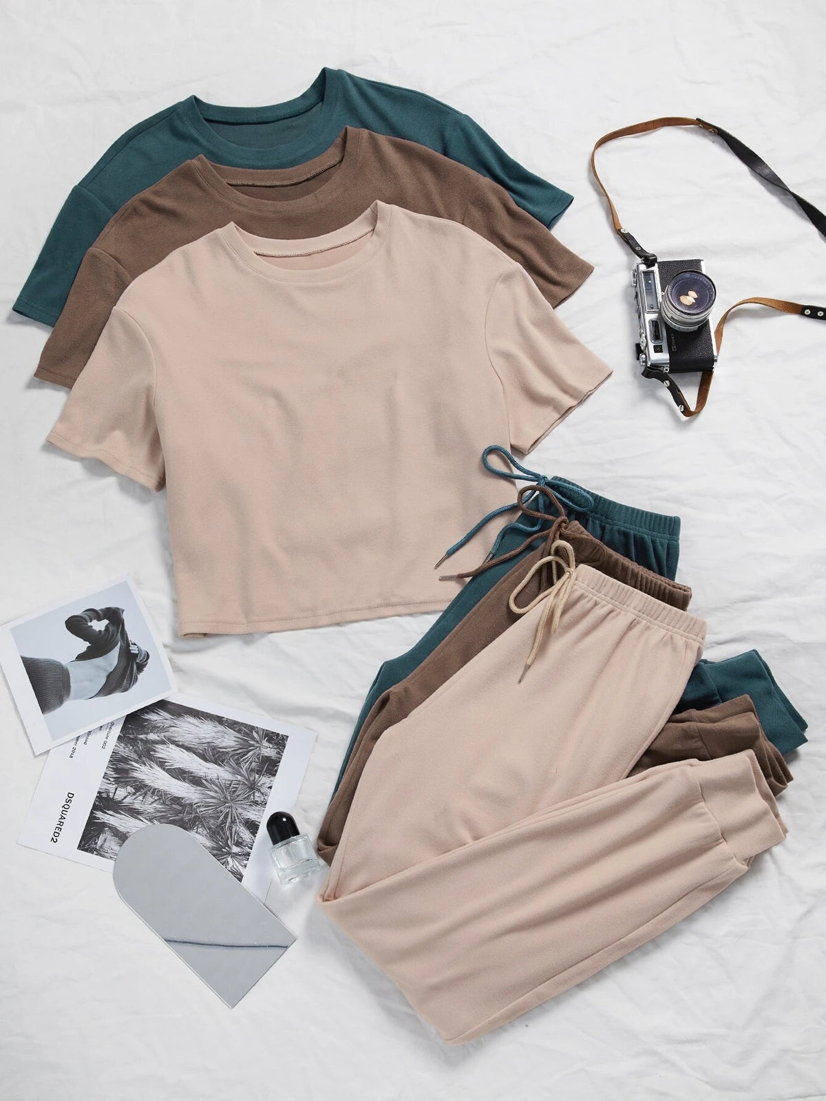 3sets Solid Tee & Tie Front Pants Lounge Set