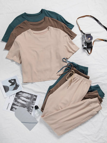 3sets Solid Tee & Tie Front Pants Lounge Set