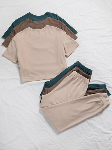 3sets Solid Tee & Tie Front Pants Lounge Set