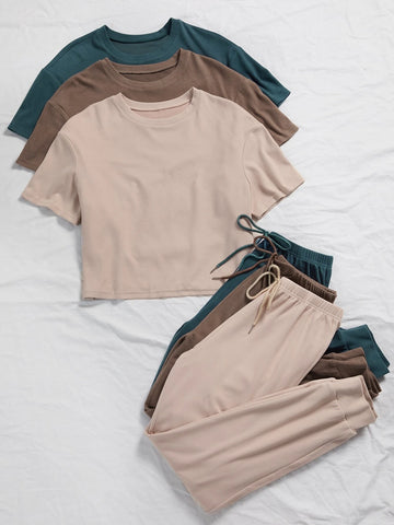 3sets Solid Tee & Tie Front Pants Lounge Set