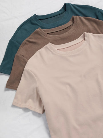 3sets Solid Tee & Tie Front Pants Lounge Set